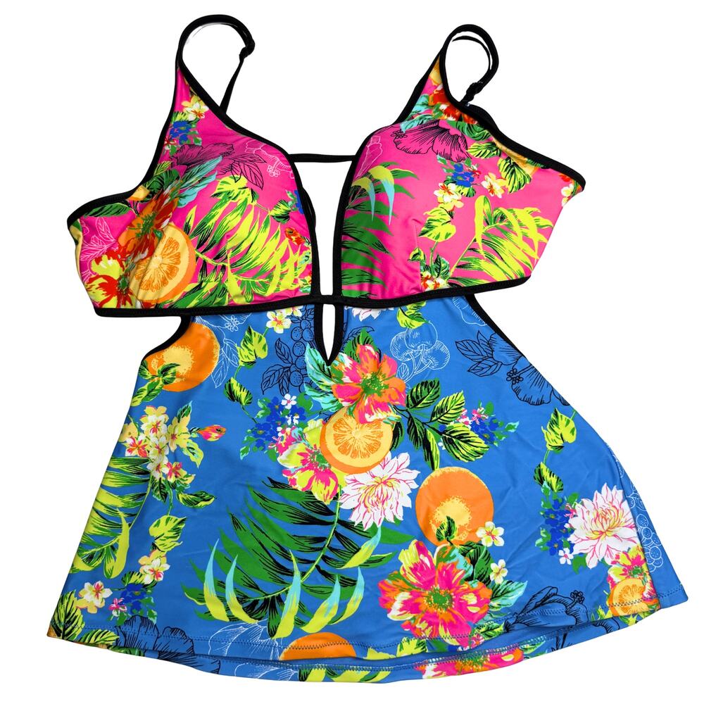 Bar III Floral Fruit Plunge Neck Printed Tankini Top Large Pink Blue Tropical